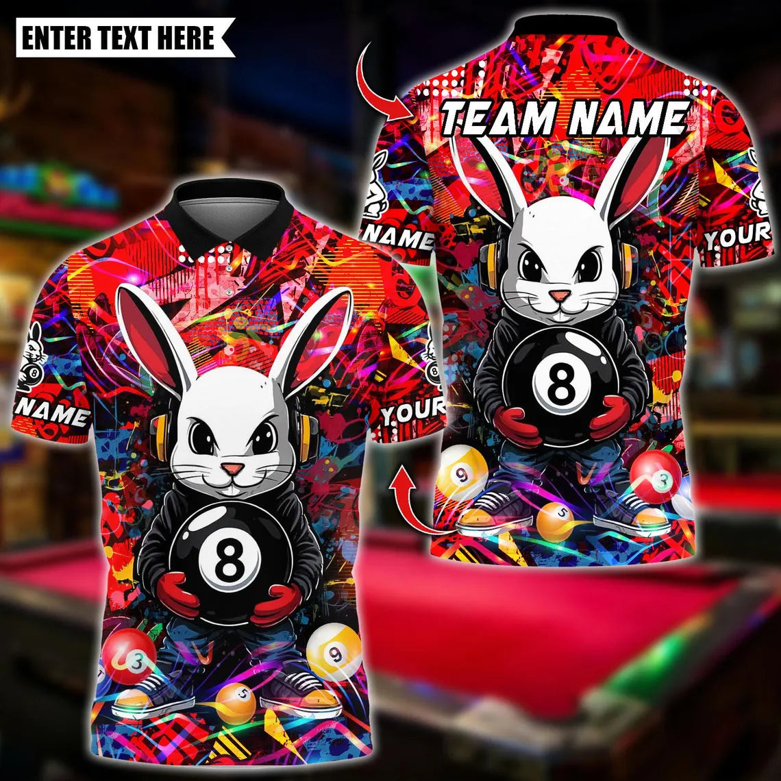 BlueJose Billiards Cool Bunny With 8 Ball Pool Design Personalized Name Shirt (4 Colors)