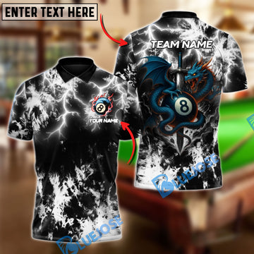 BlueJose Billiards 8-Ball Thunder Sword Dragon Personalized Name Shirt (4 Colors)