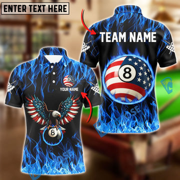BlueJose Billiards Ball 8 Flaming American Flag Eagle Personalized Name Shirt (4 Colors)