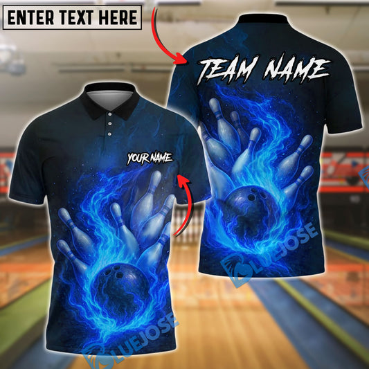 BlueJose Bowling And Pins Flaming Pins and Ball 2 Customized Name, Team Name 3D Shirt (4 Colors)