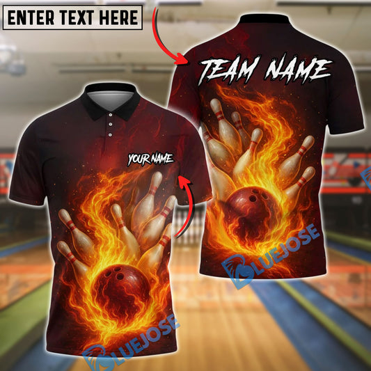 BlueJose Bowling And Pins Flaming Pins and Ball 2 Customized Name, Team Name 3D Shirt (4 Colors)