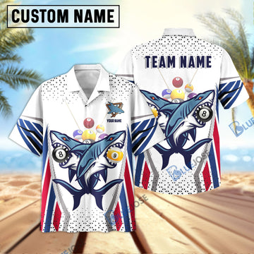 BlueJose Billiard Shark 8 and 9 Ball US Flag Personalized Name, Team Name Hawaiian Shirt