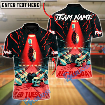 BlueJose Bowling And Pins Red Tuesday Horror Customized Name, Team Name 3D Shirt (4 Colors)