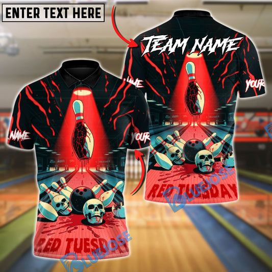 BlueJose Bowling And Pins Red Tuesday Horror Customized Name, Team Name 3D Shirt (4 Colors)