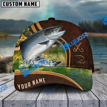 BlueJose Personalized Salmon Fishing Heavy Brown Leather Pattern Classic Cap