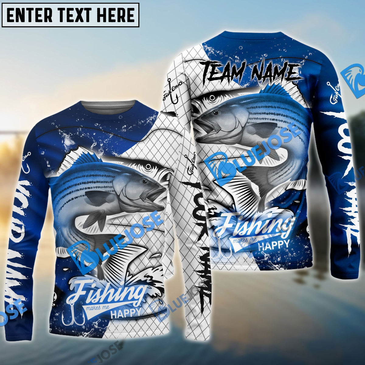 Bluejose Striped Bass Fishing Dark Blue Skin Sport Custom Name &amp; Team Name 3D Shirts