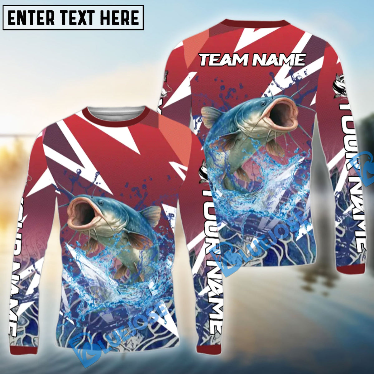 Bluejose Catfish Fishing Red Fury Pattern Custom Name &amp; Team Name 3D Shirts