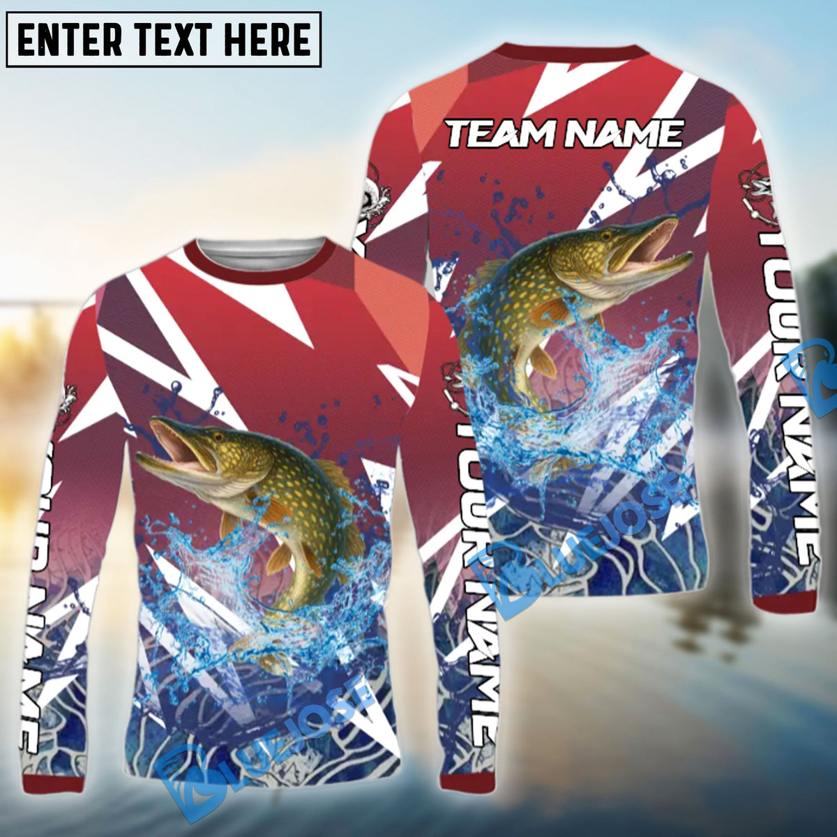 Bluejose Pike Fishing Red Fury Pattern Custom Name &amp; Team Name 3D Shirts