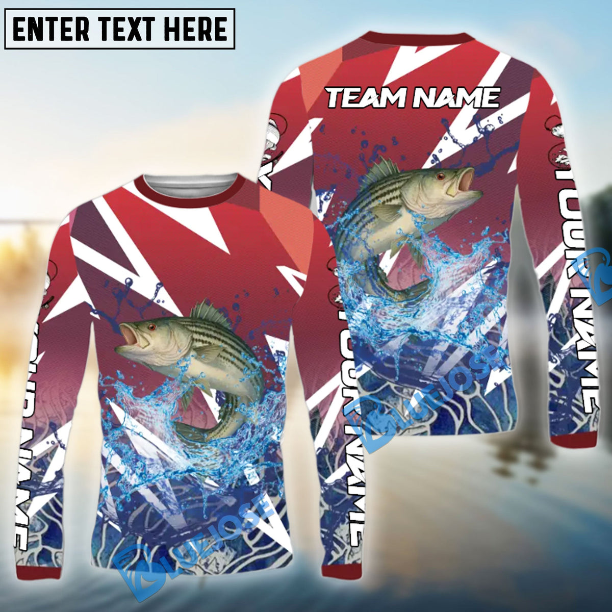 Bluejose Striped Bass Fishing Red Fury Pattern Custom Name &amp; Team Name 3D Shirts