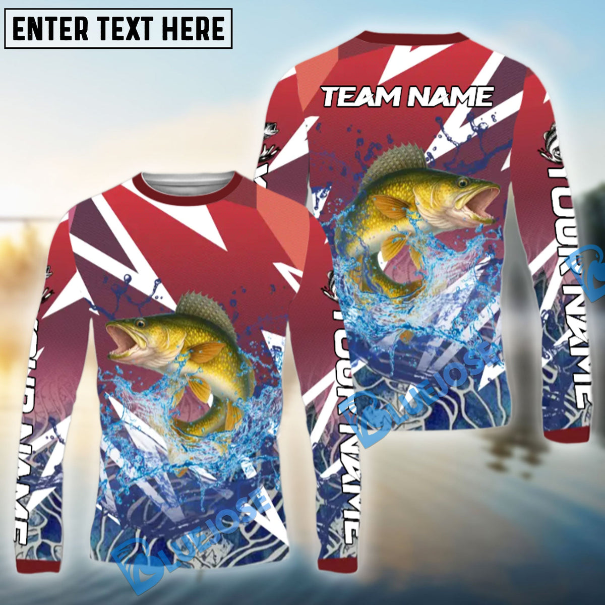 Bluejose Walleye Fishing Red Fury Pattern Custom Name &amp; Team Name 3D Shirts