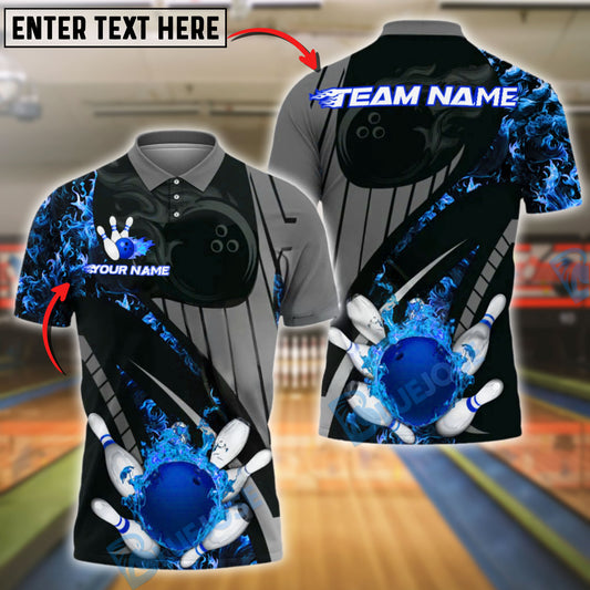 BlueJose Bowling Flaming Ball and Pins Grey Pattern Customized Name, Team Name 3D Shirt (4 Colors)