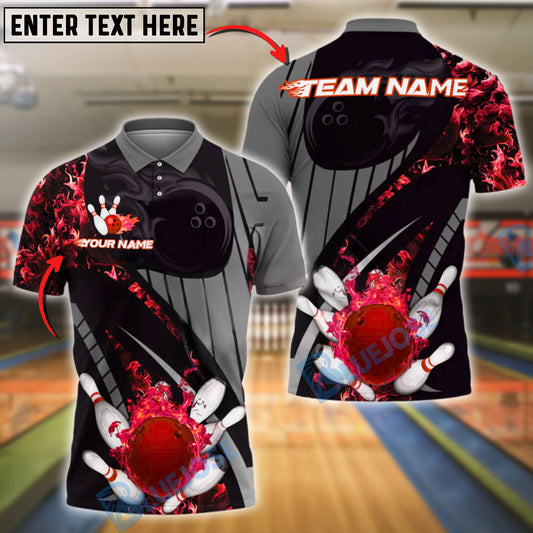 BlueJose Bowling Flaming Ball and Pins Grey Pattern Customized Name, Team Name 3D Shirt (4 Colors)