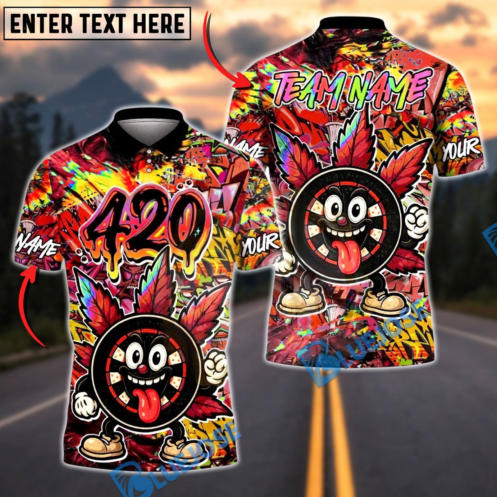 BlueJose Darts 420 Graffiti Dartboard Champion Personalized Name, Team Name Unisex Shirt (4 Colors)