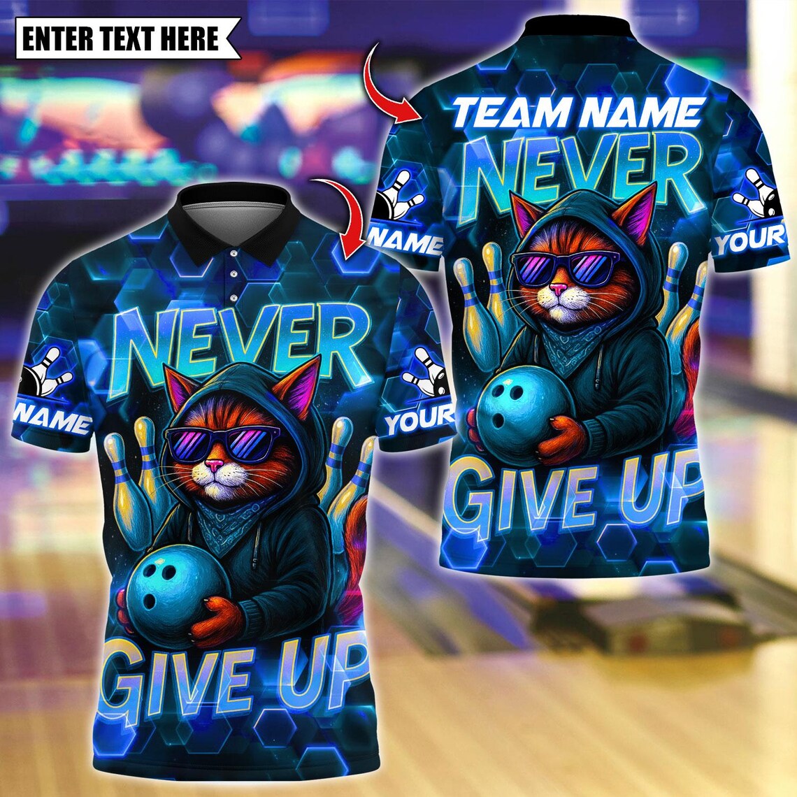 BlueJose Bowling And Pins Never Give Up Cool Cat Customized Name, Team Name 3D Shirt (4 Colors)