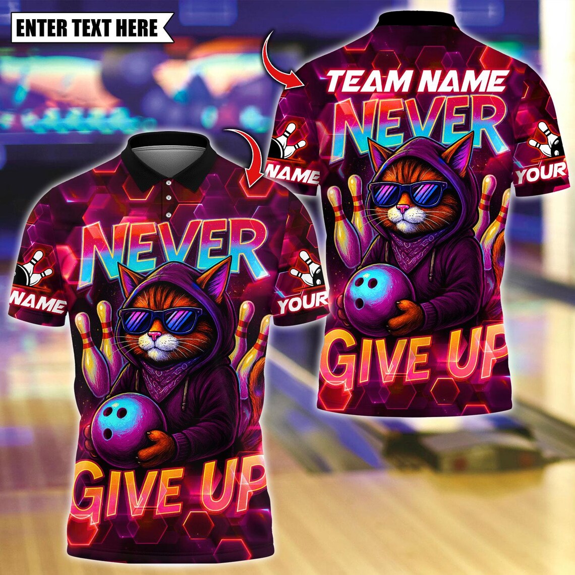 BlueJose Bowling And Pins Never Give Up Cool Cat Customized Name, Team Name 3D Shirt (4 Colors)