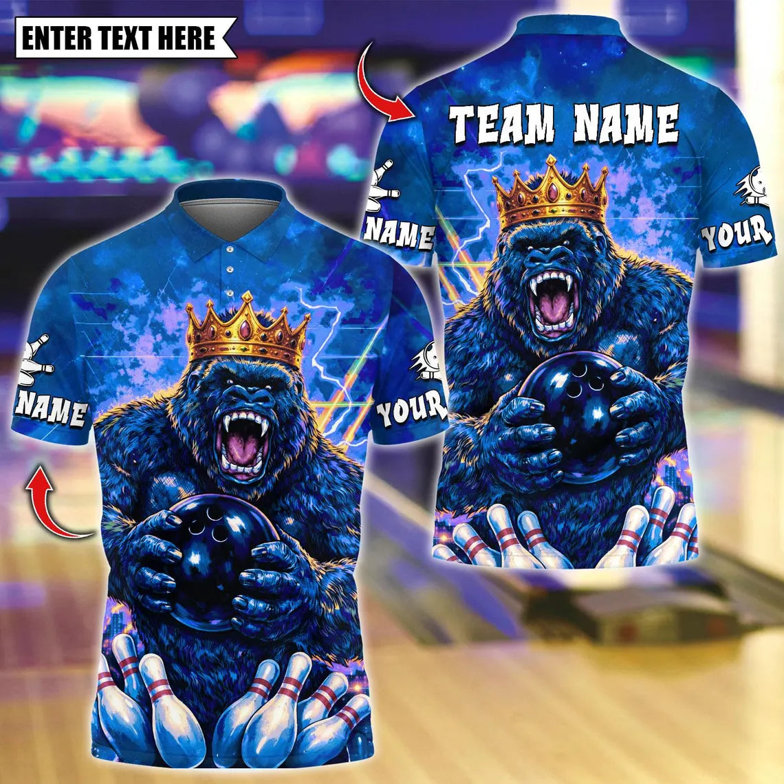 BlueJose Bowling And Pins Thunder King Gorrila Customized Name, Team Name 3D Shirt (4 Colors)