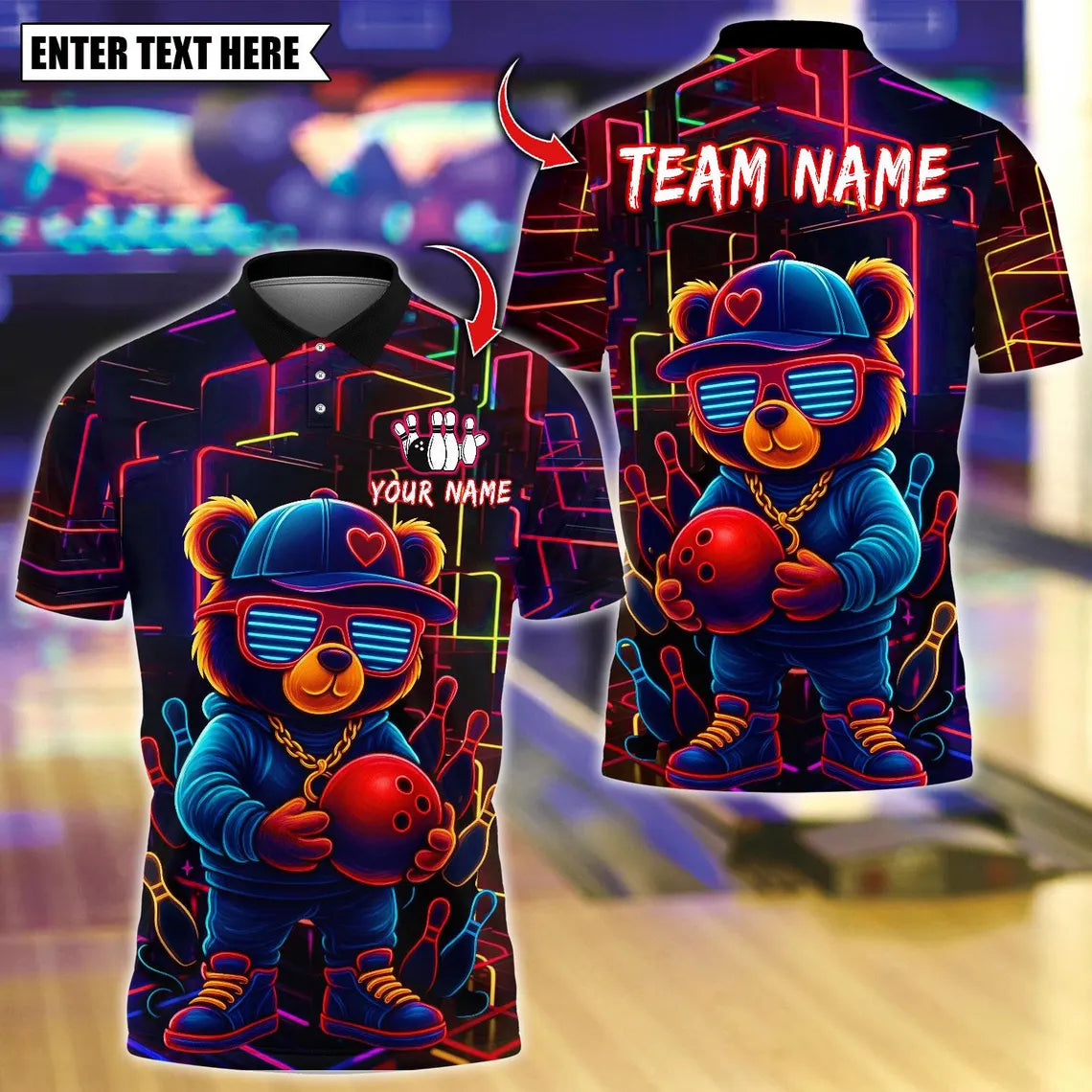 BlueJose Bowling And Pins Neon Graffiti Teddy Bear Design Customized Name, Team Name 3D Shirt (4 Colors)