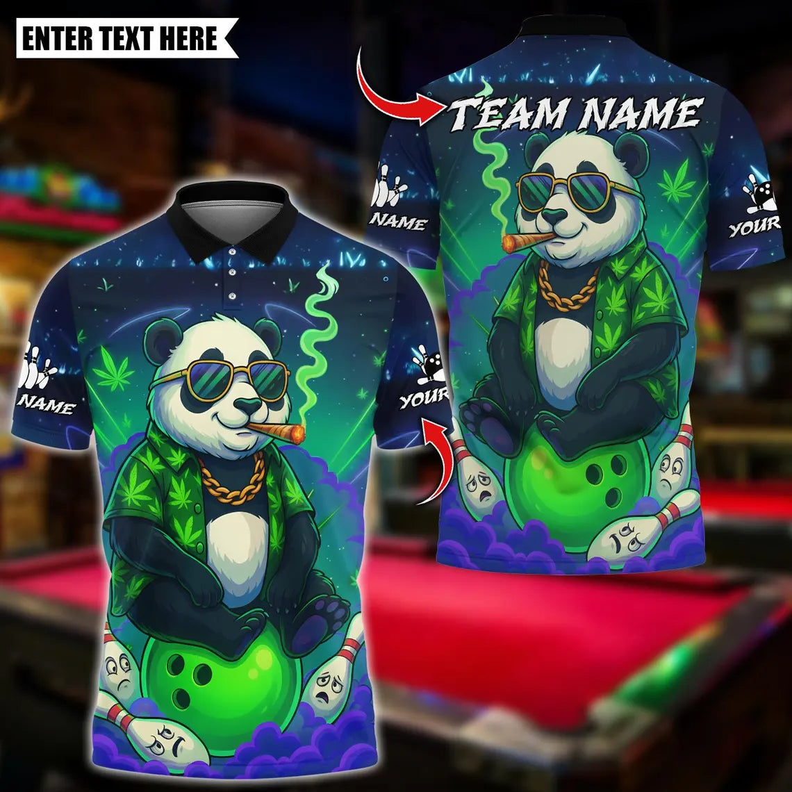 BlueJose Bowling And Pins Panda 420 Smoking Neon Design Customized Name, Team Name 3D Shirt (4 Colors)