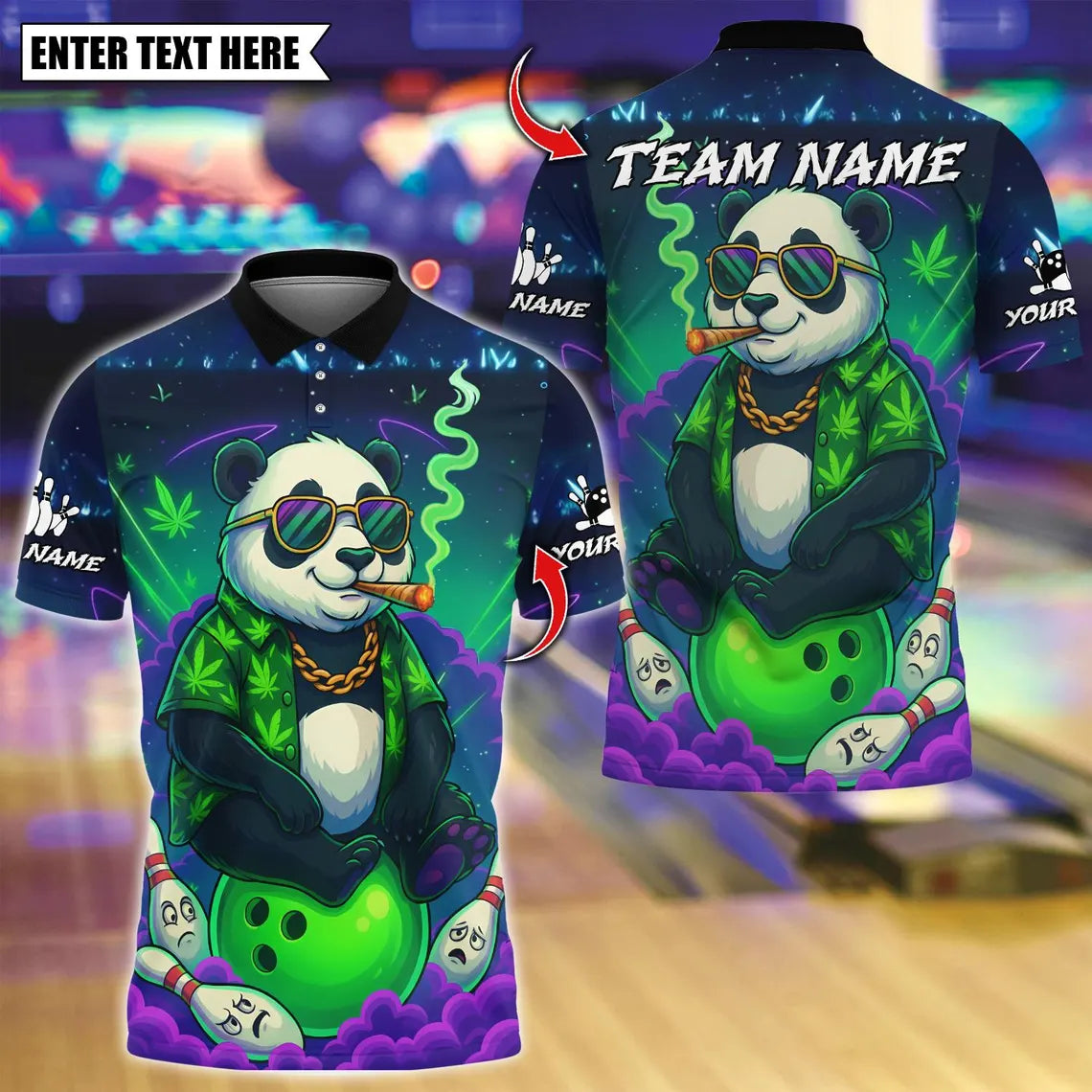 BlueJose Bowling And Pins Panda 420 Smoking Neon Design Customized Name, Team Name 3D Shirt (4 Colors)