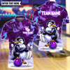 BlueJose Bowling And Pins Grumpy Penguin Customized Name, Team Name 3D Shirt (4 Colors)