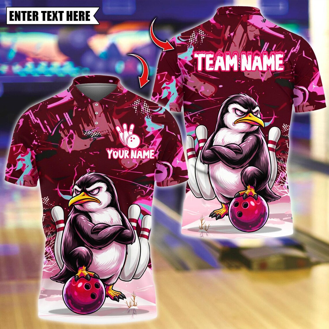 BlueJose Bowling And Pins Grumpy Penguin Customized Name, Team Name 3D Shirt (4 Colors)