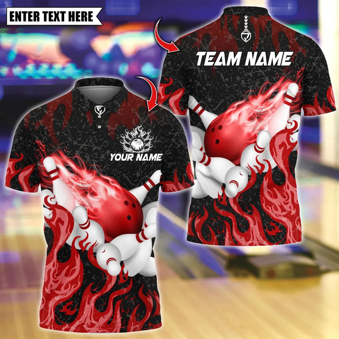 BlueJose Bowling And Pins Flaming Bowling Pins Design Customized Name, Team Name 3D Shirt (4 Colors)