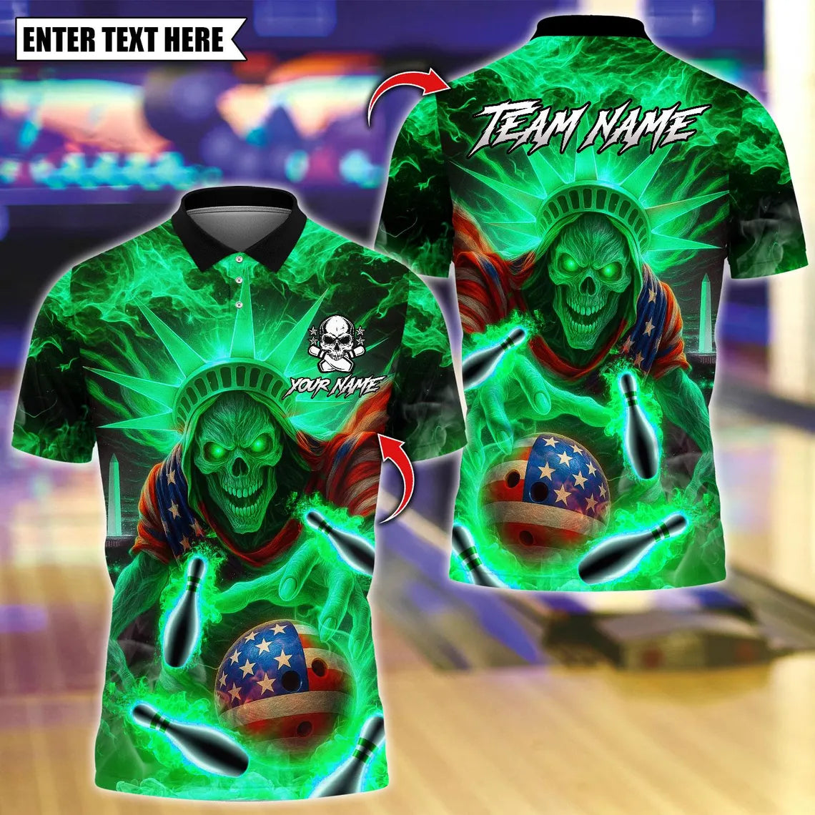 BlueJose Bowling And Pins Skull Liberty Design Customized Name, Team Name 3D Shirt (4 Colors)