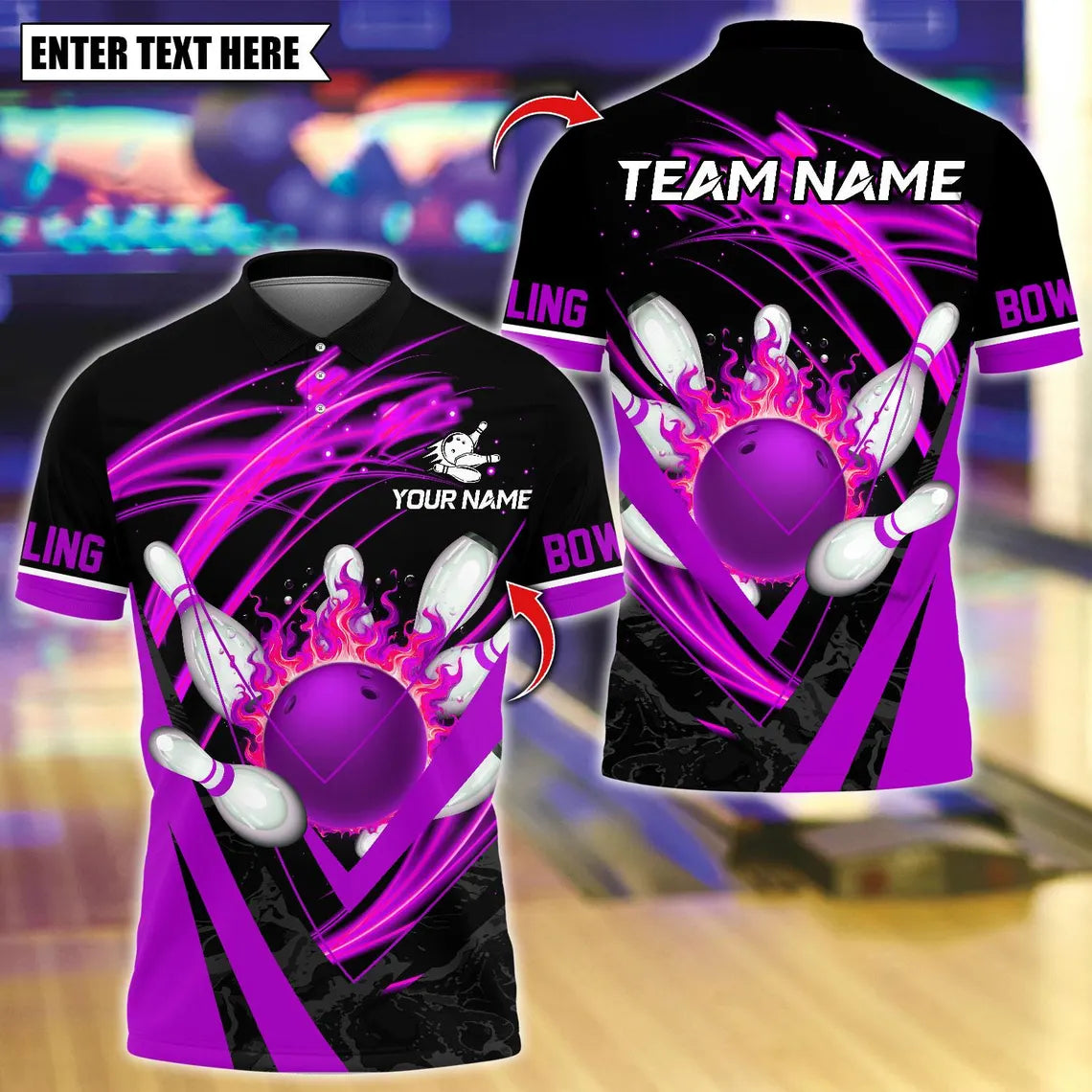 BlueJose Bowling And Pins Flame Strike Swirl Down Customized Name, Team Name 3D Shirt (4 Colors)
