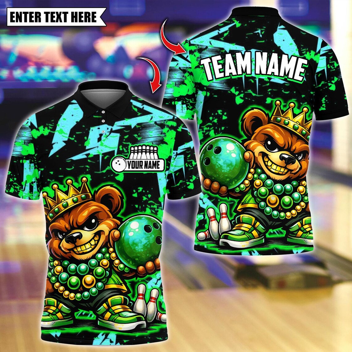 BlueJose Bowling And Pins  King Mardi Gras Teddy Bear Customized Name, Team Name 3D Shirt (4 Colors)