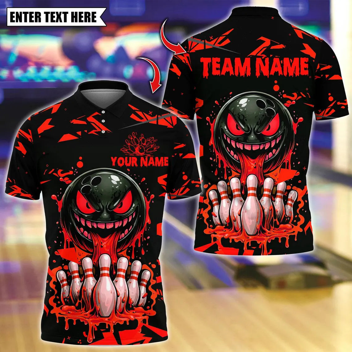 BlueJose Bowling And Pins Scary Dripping Face Customized Name, Team Name 3D Shirt (4 Colors)