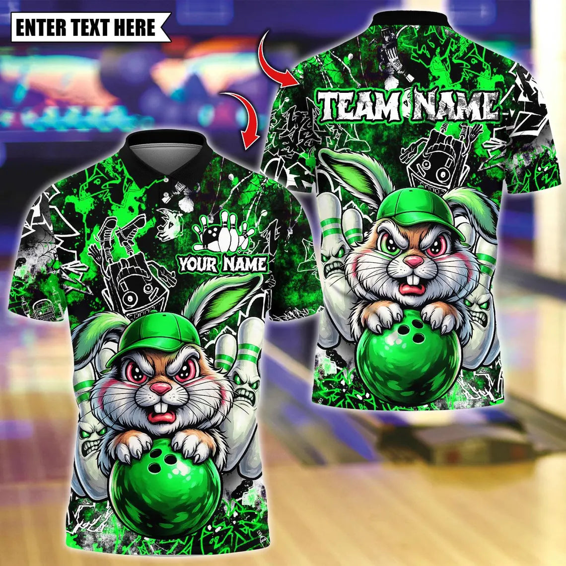 BlueJose Bowling And Pins  Bunny With Angry Pins Design Customized Name, Team Name 3D Shirt (4 Colors)