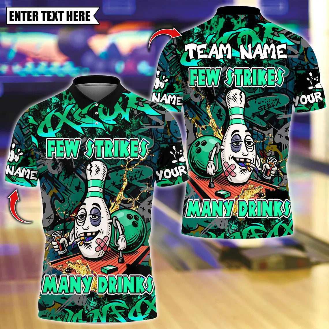 BlueJose Bowling And Pins Few Strike Many Drinks Customized Name, Team Name 3D Shirt (4 Colors)