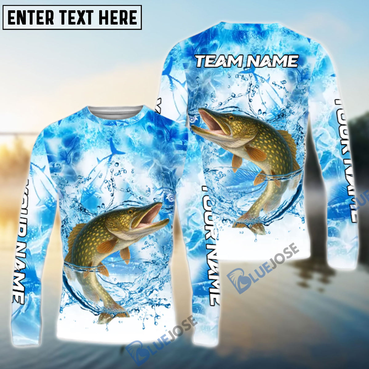 Bluejose Pike Fishing Blue Sea Catching Design Name &amp; Team Name 3D Shirts