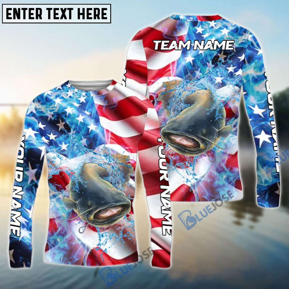 Bluejose Catfish Fishing American Flag Patriot Catch Design Name &amp; Team Name 3D Shirts