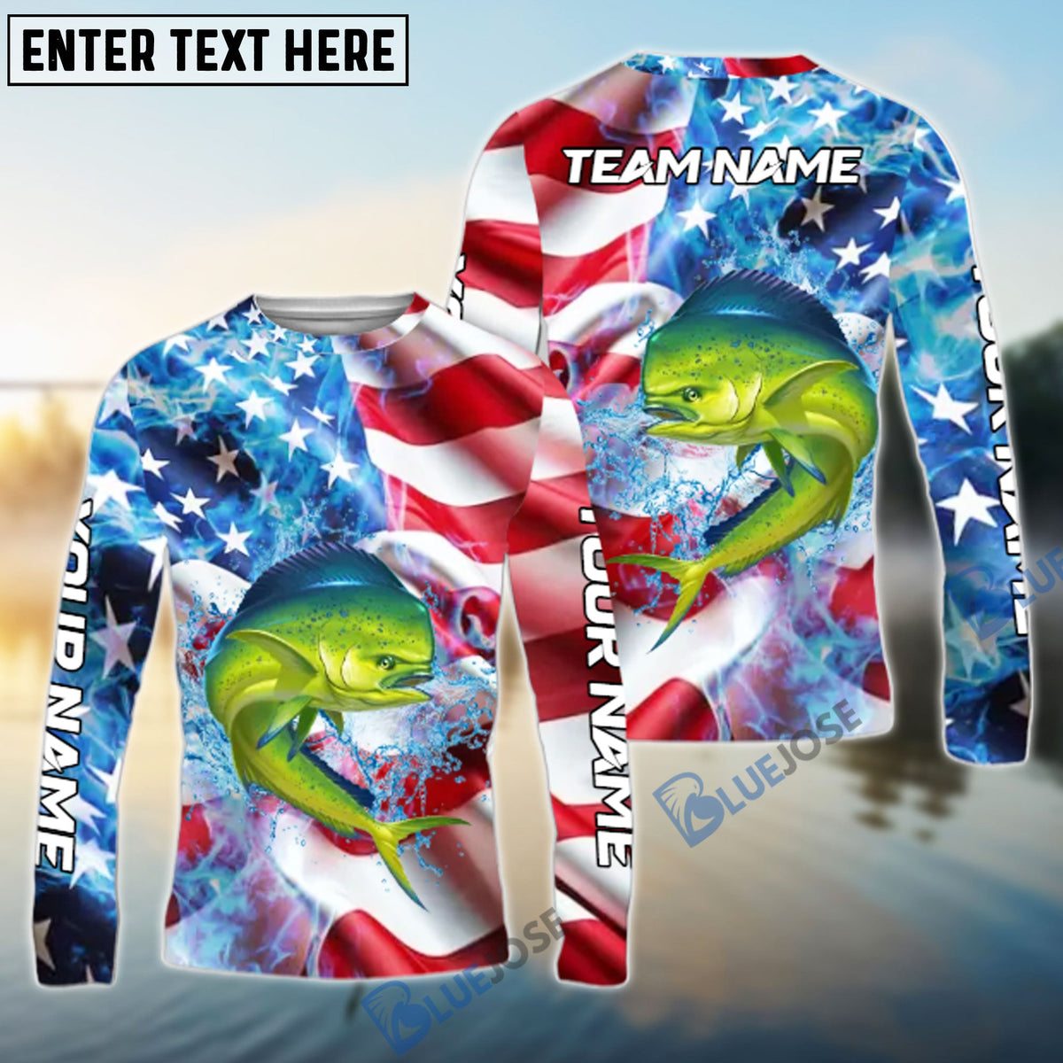 Bluejose Mahi mahi Fishing American Flag Patriot Catch Design Name &amp; Team Name 3D Shirts