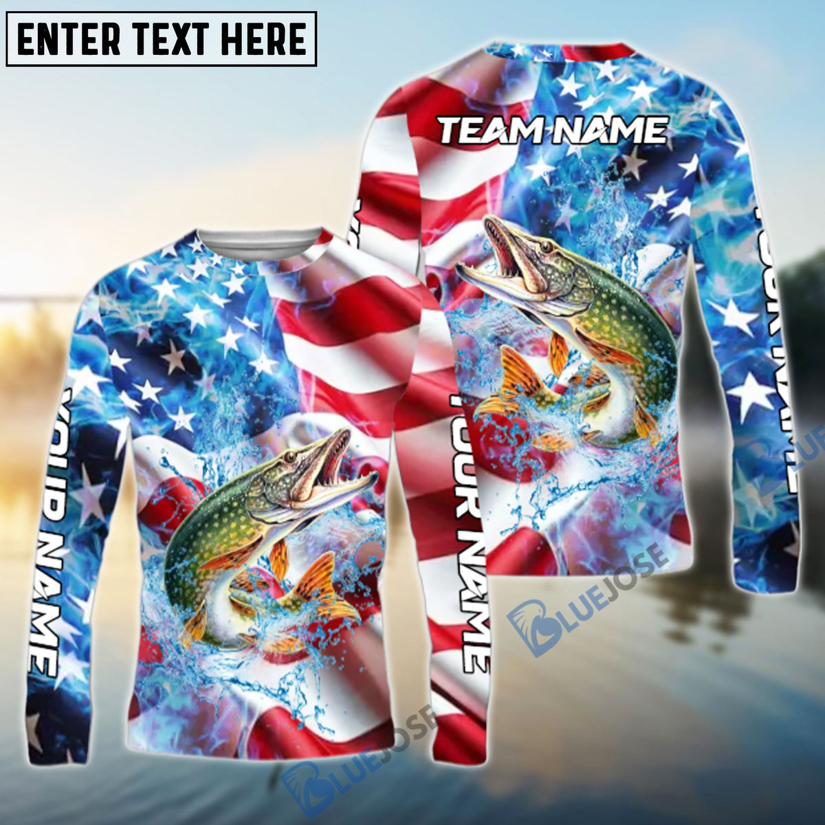 Bluejose Pike Fishing American Flag Patriot Catch Design Name &amp; Team Name 3D Shirts