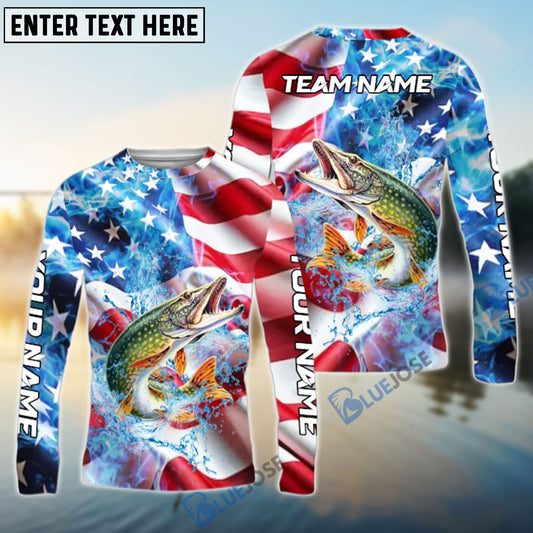 Bluejose Pike Fishing American Flag Patriot Catch Design Name & Team Name 3D Shirts