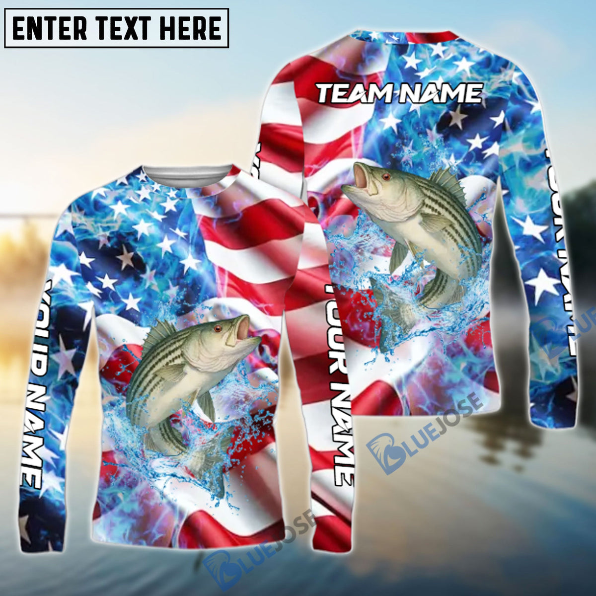 Bluejose Striped Bass Fishing American Flag Patriot Catch Design Name &amp; Team Name 3D Shirts