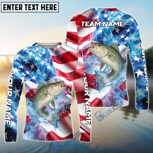 Bluejose Striped Bass Fishing American Flag Patriot Catch Design Name & Team Name 3D Shirts