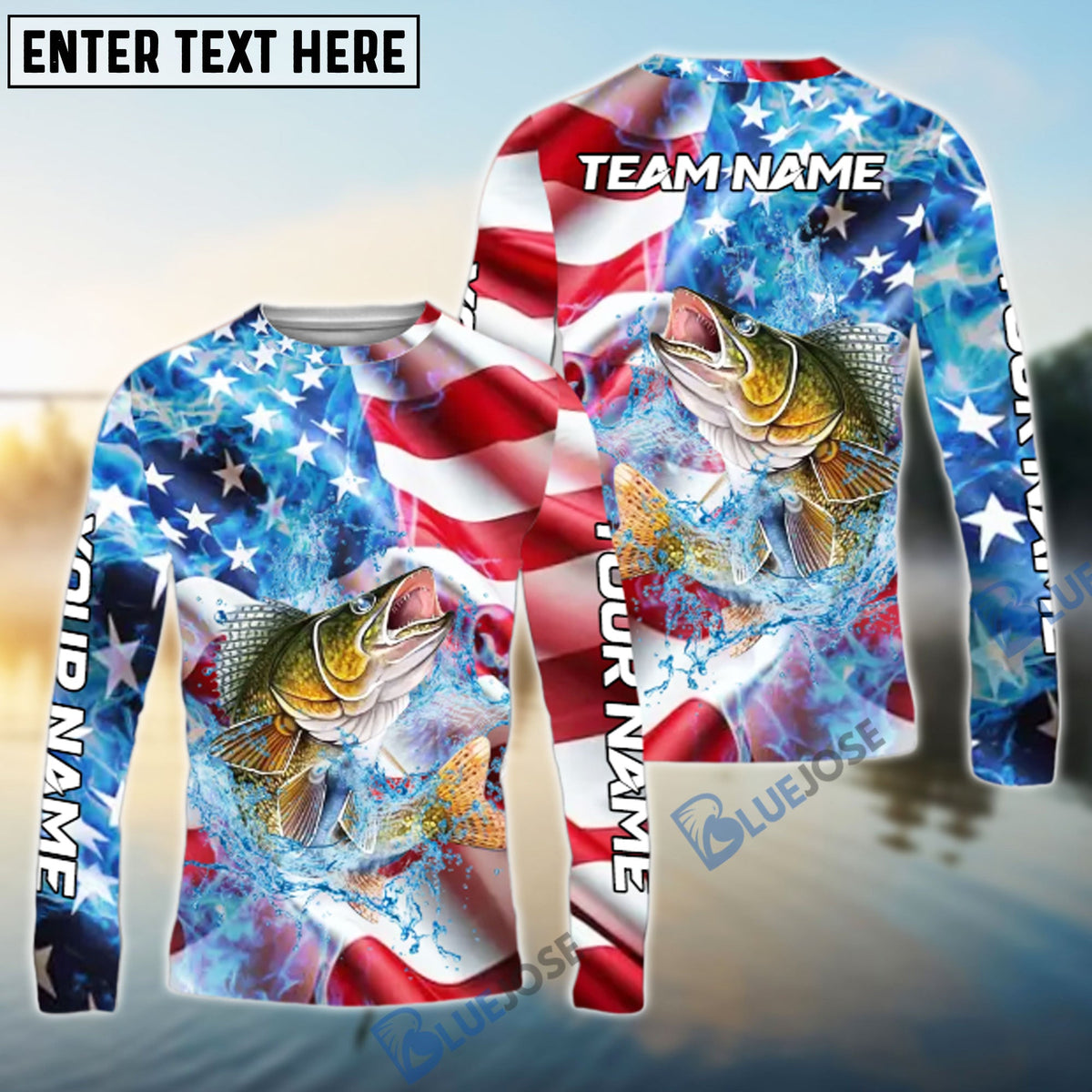 Bluejose Walleye Fishing American Flag Patriot Catch Design Name &amp; Team Name 3D Shirts