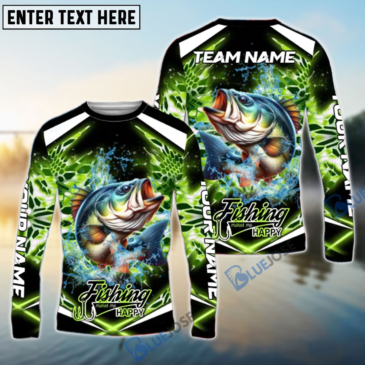 Bluejose Bass Fishing Green Happy Hook Design Name &amp; Team Name 3D Shirts