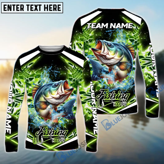 Bluejose Bass Fishing Green Happy Hook Design Name & Team Name 3D Shirts
