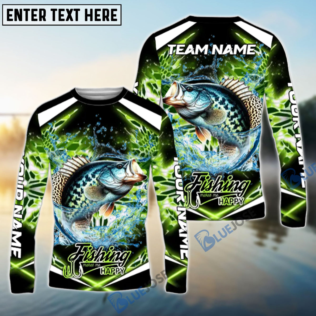 Bluejose Crappie Fishing Green Happy Hook Design Name &amp; Team Name 3D Shirts