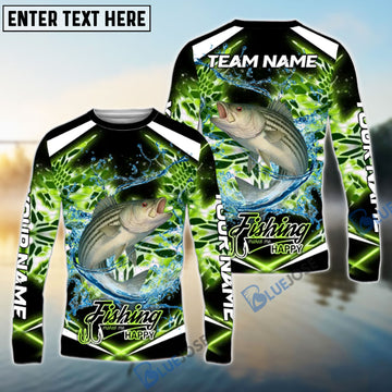 Bluejose Striped Bass Fishing Green Happy Hook Design Name & Team Name 3D Shirts
