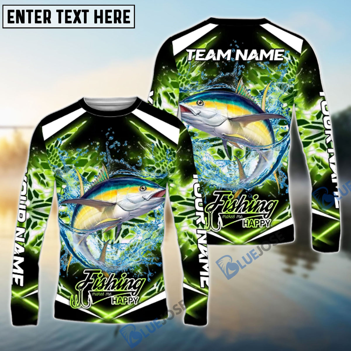 Bluejose Tuna Fishing Green Happy Hook Design Name &amp; Team Name 3D Shirts