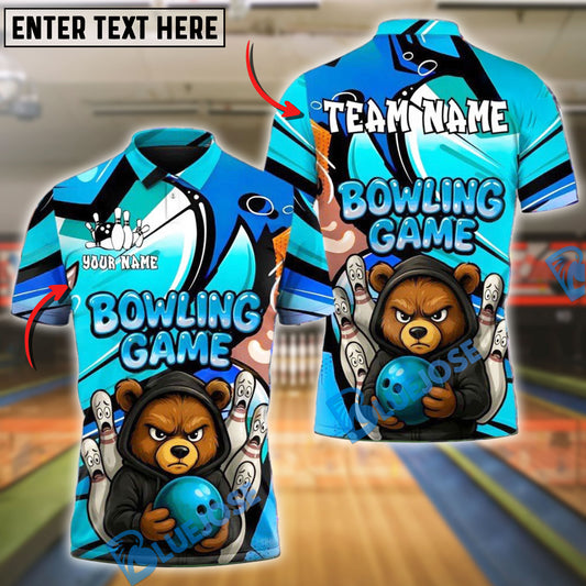 BlueJose Bowling Ball & Pins Angry Bear Customized Name, Team Name 3D Shirt (4 Colors)