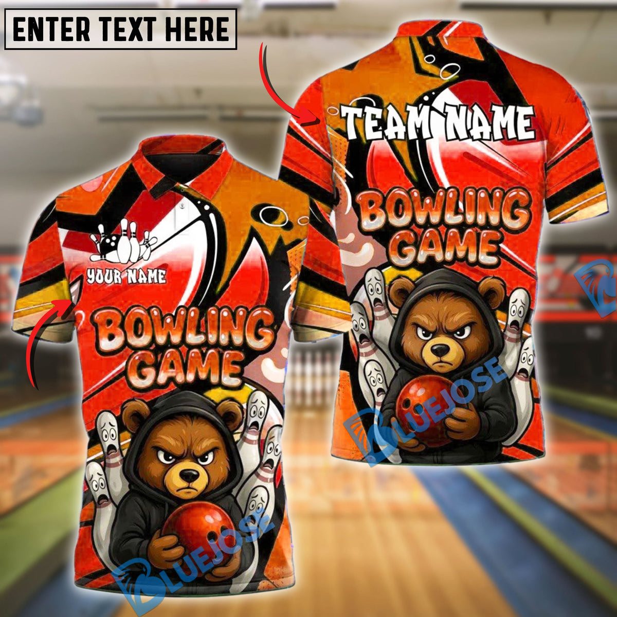 BlueJose Bowling Ball &amp; Pins Angry Bear Customized Name, Team Name 3D Shirt (4 Colors)