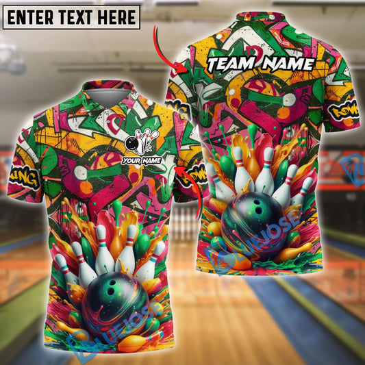 BlueJose Bowling Ball & Pins Graffiti Splash Art Customized Name, Team Name 3D Shirt (4 Colors)