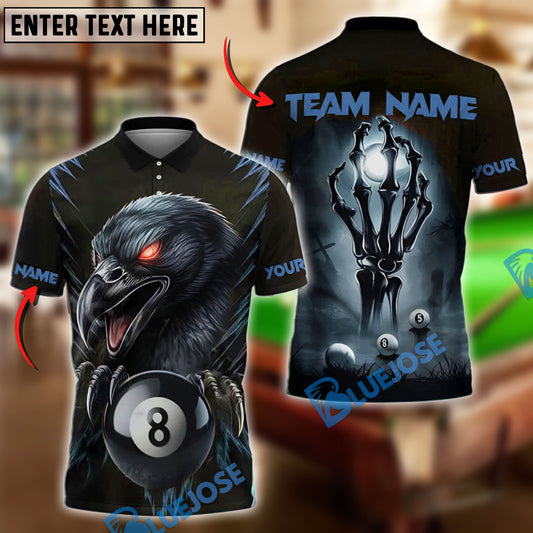 BlueJose Billiards 8-Ball Raven Skull Hand Personalized Name Shirt (4 Colors)