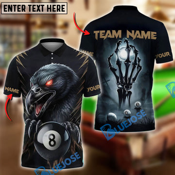 BlueJose Billiards 8-Ball Raven Skull Hand Personalized Name Shirt (4 Colors)